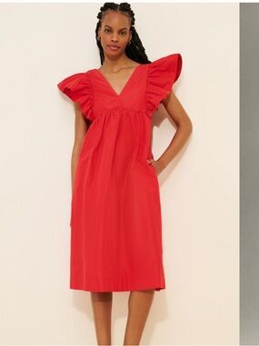 Antheopology Maeve Red V-Neck Ruffle-Sleeve Midi Dress M